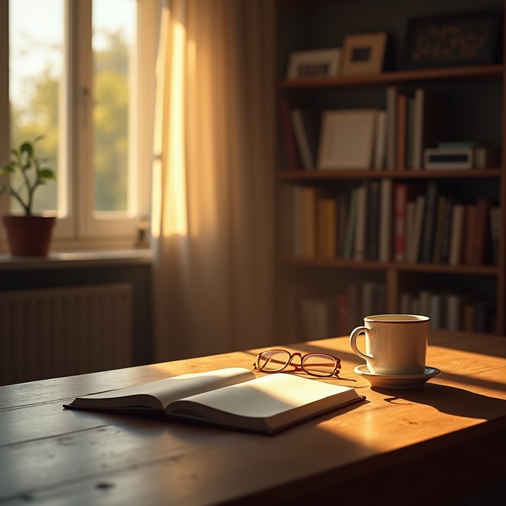 Ruhiges Büro an einem Samstagnachmittag mit warmem Licht und offenen Notizen