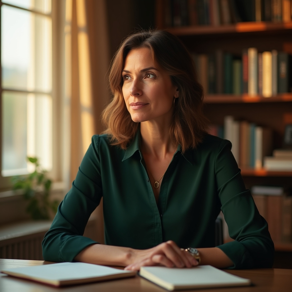 Elena Zunmaveli im Gespräch an ihrem Schreibtisch, aufmerksam zuhörend