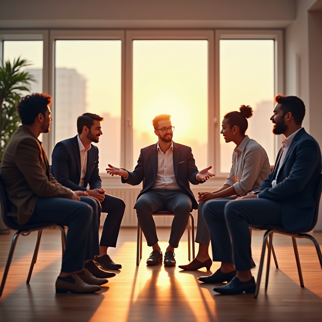 Kleine Gruppe von Fachkräften diskutiert im Workshop über berufliche Grenzen